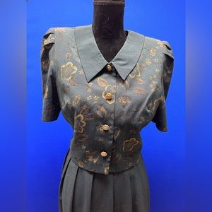 Miss dorby 80s does 40s dark green dress with gold flowers